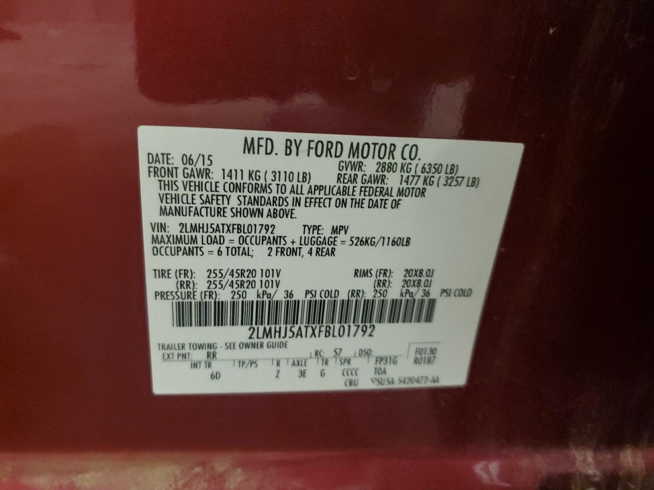 2015 Lincoln Mkt VIN: 2LMHJ5ATXFBL01792 Lot: 66130395