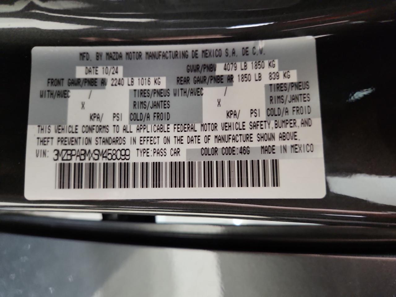 2025 Mazda 3 Select Sport VIN: 3MZBPABMXSM458099 Lot: 64993045