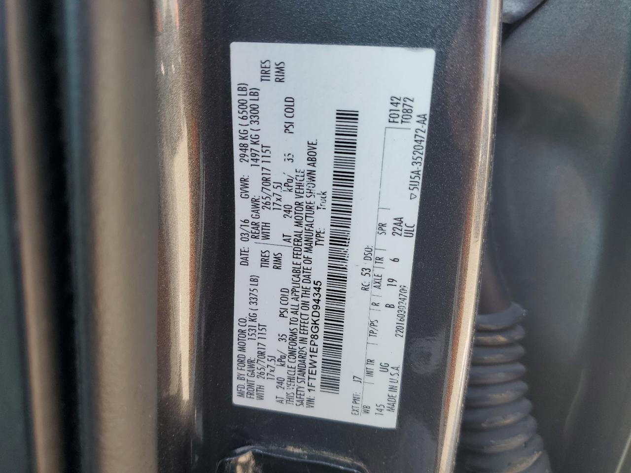 2016 Ford F150 Supercrew VIN: 1FTEW1EP8GKD94345 Lot: 64554525