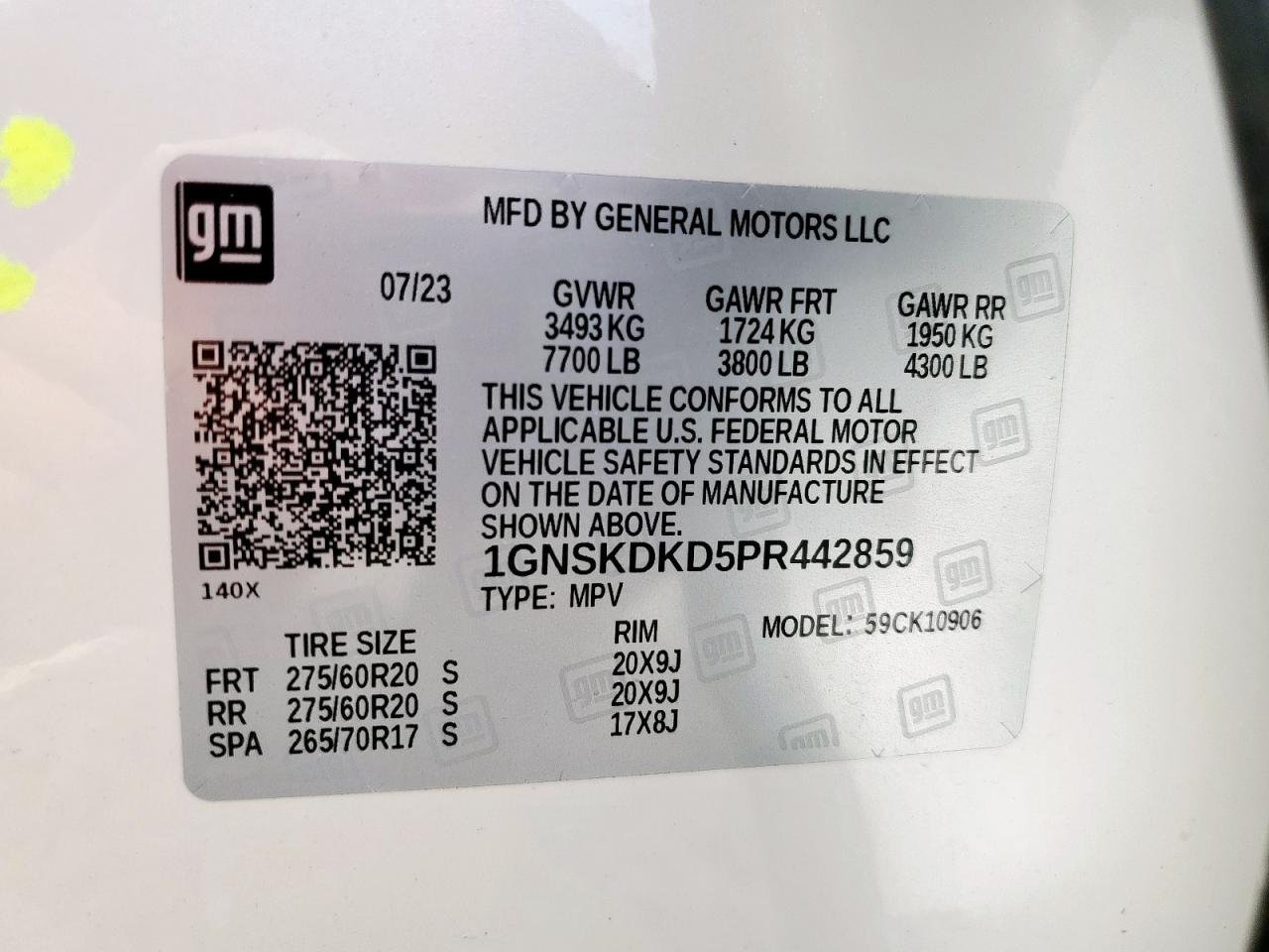 2023 Chevrolet Suburban K1500 Z71 VIN: 1GNSKDKD5PR442859 Lot: 62686035