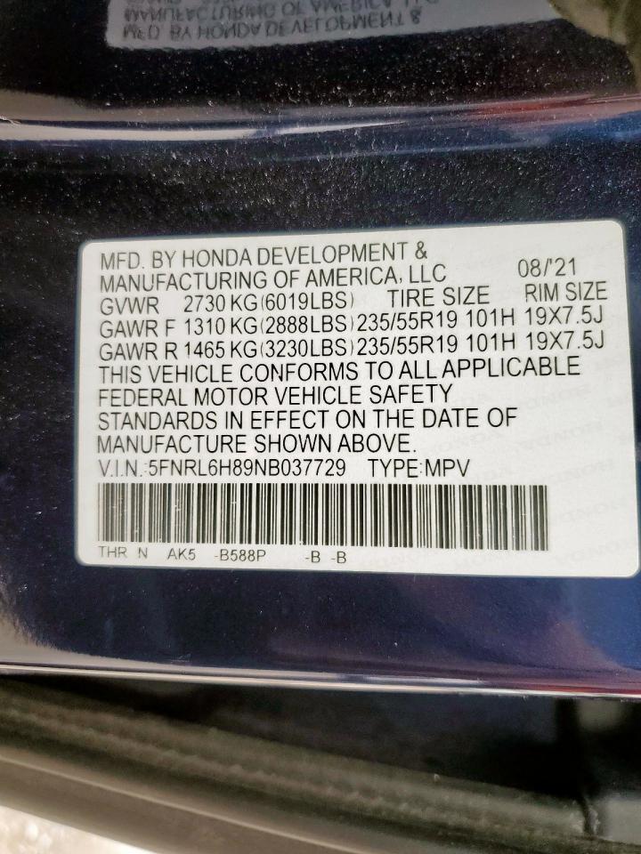 2022 Honda Odyssey Touring VIN: 5FNRL6H89NB037729 Lot: 63634125