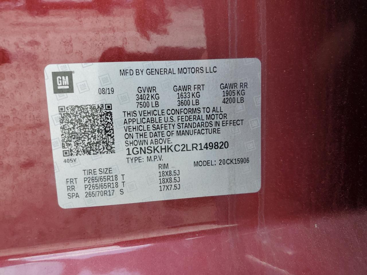2020 Chevrolet Suburban K1500 Lt VIN: 1GNSKHKC2LR149820 Lot: 65033485