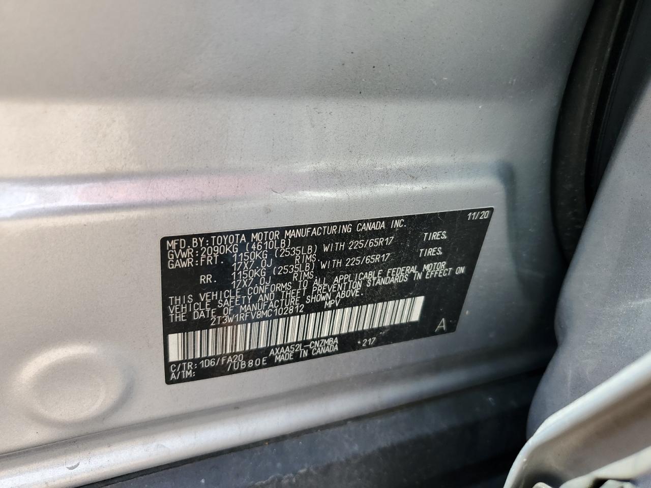 2021 Toyota Rav4 Xle VIN: 2T3W1RFV8MC102812 Lot: 65963135