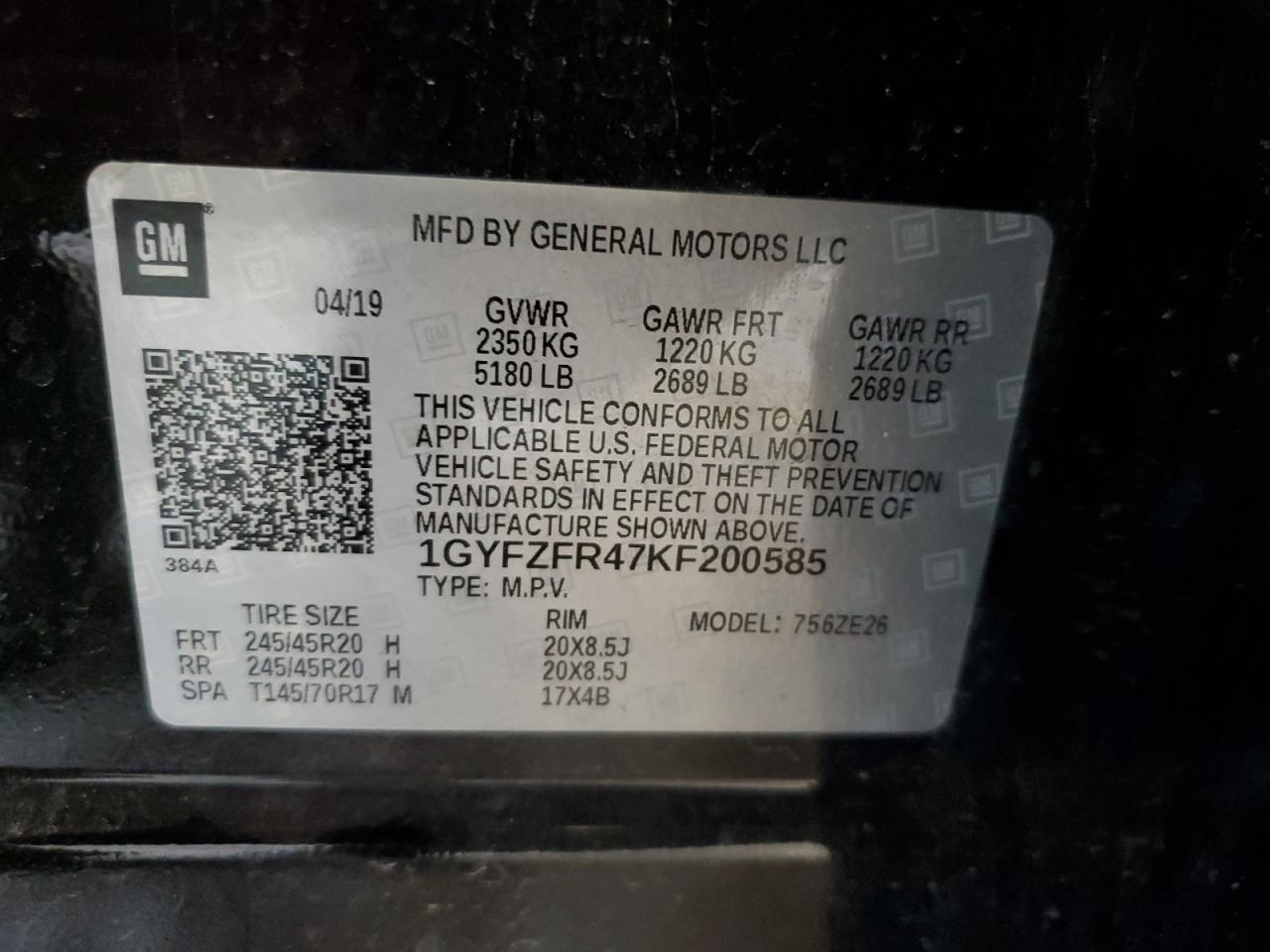 2019 Cadillac Xt4 Sport VIN: 1GYFZFR47KF200585 Lot: 63069535