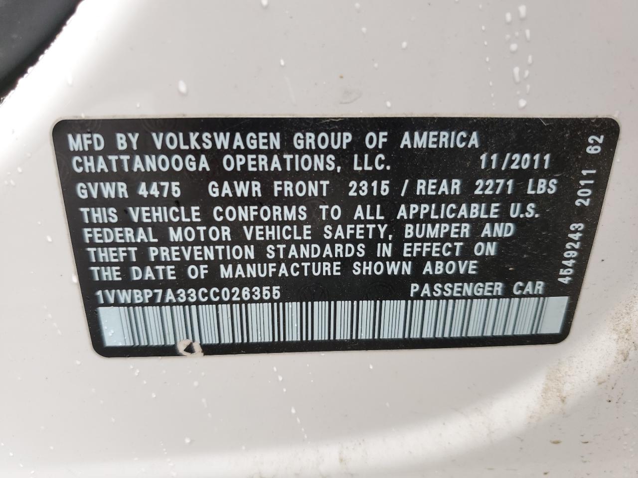 2012 Volkswagen Passat Se VIN: 1VWBP7A33CC026355 Lot: 62953825