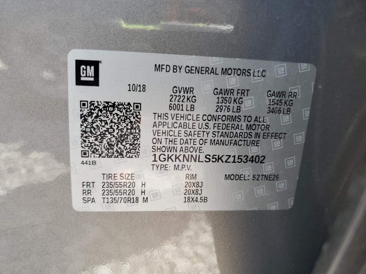2019 GMC Acadia Slt-2 VIN: 1GKKNNLS5KZ153402 Lot: 64465875