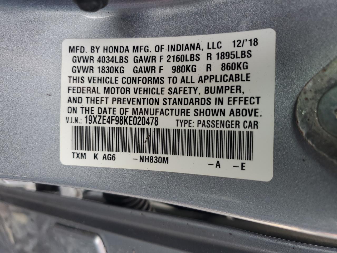 2019 Honda Insight Touring VIN: 19XZE4F98KE020478 Lot: 63154555