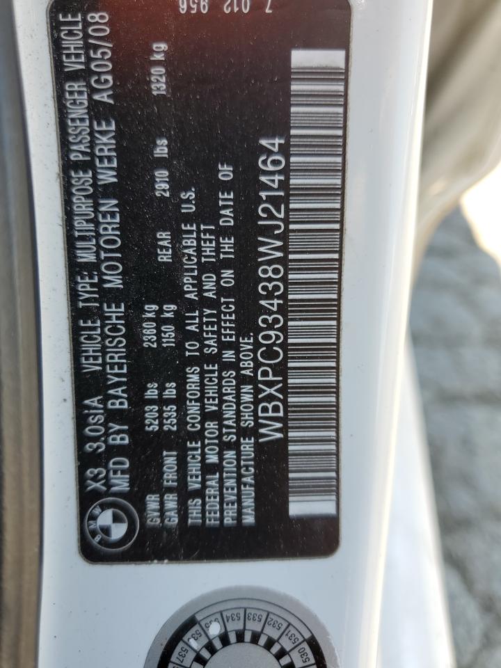 2008 BMW X3 3.0Si VIN: WBXPC93438WJ21464 Lot: 64988915