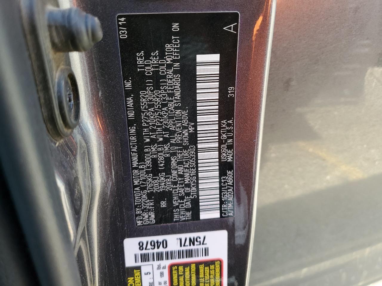 2014 Toyota Sequoia Limited VIN: 5TDKY5G16ES053903 Lot: 64083935