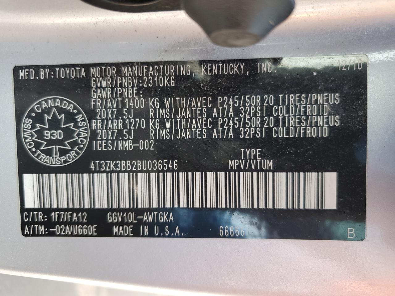 2011 Toyota Venza VIN: 4T3ZK3BB2BU036546 Lot: 62298075