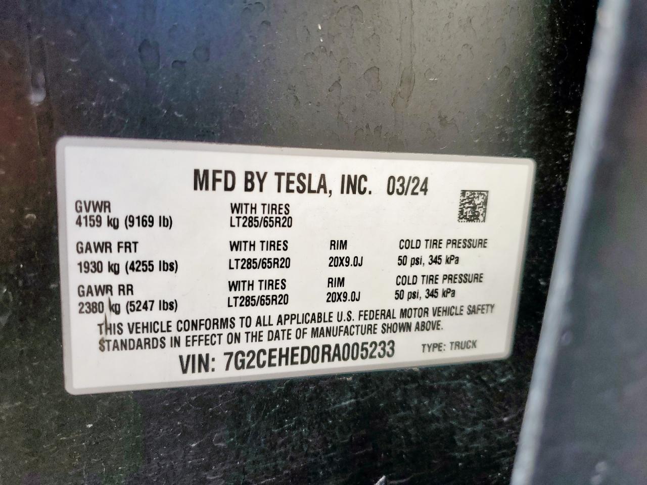 2024 Tesla Cybertruck VIN: 7G2CEHED0RA005233 Lot: 64998615