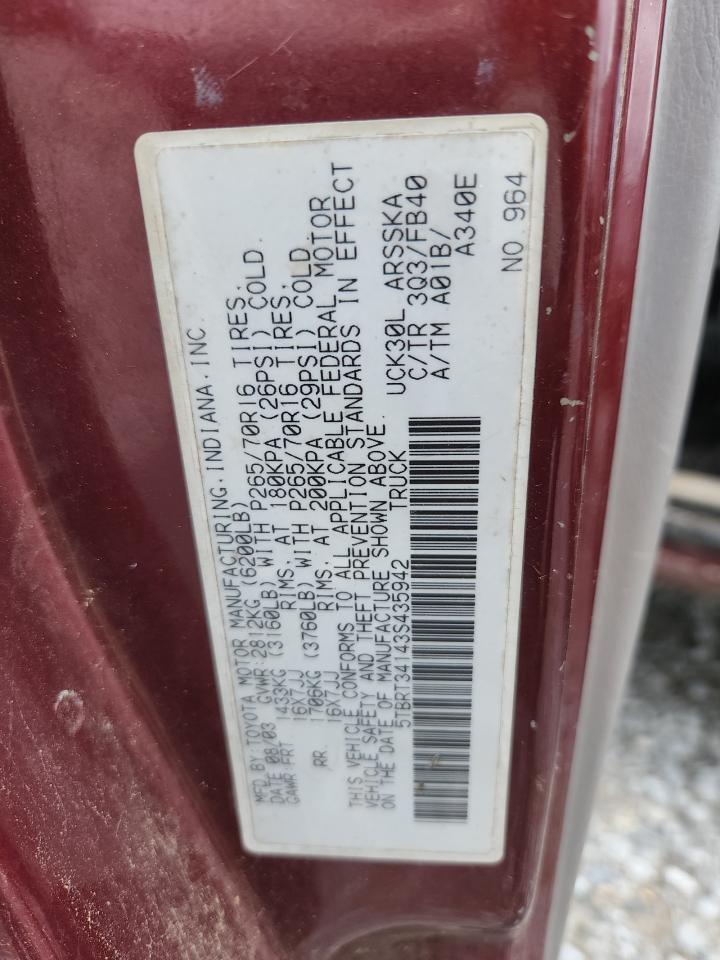 2003 Toyota Tundra Access Cab Sr5 VIN: 5TBRT34143S435942 Lot: 62676505