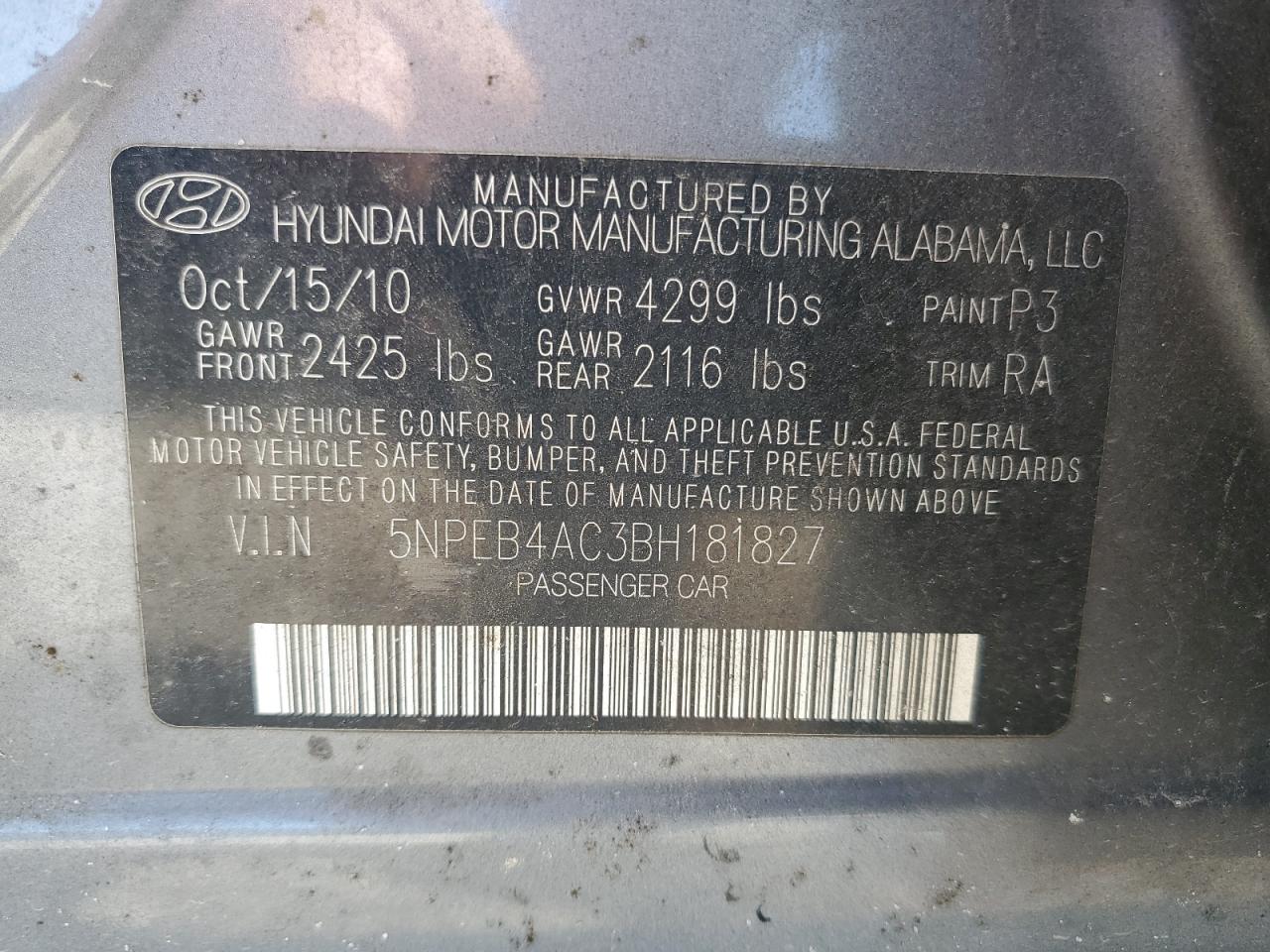 2011 Hyundai Sonata Gls VIN: 5NPEB4AC3BH181827 Lot: 62735325