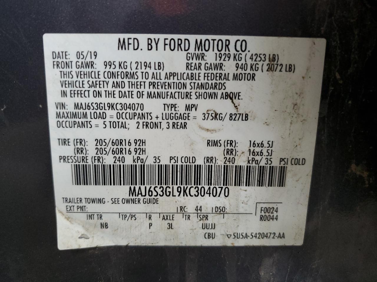 2019 Ford Ecosport Se VIN: MAJ6S3GL9KC304070 Lot: 65594765