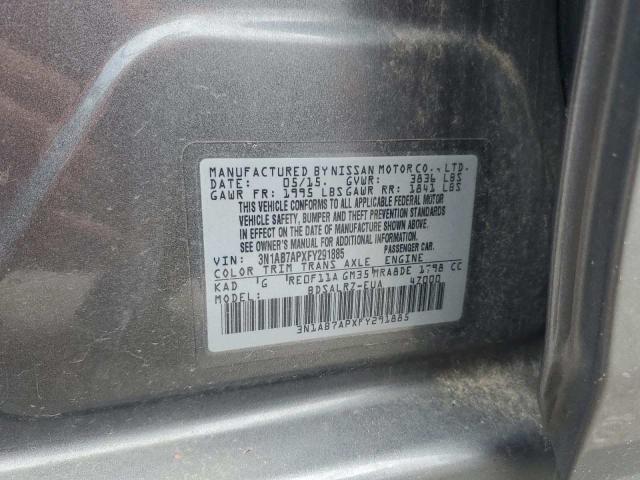 2015 Nissan Sentra S VIN: 3N1AB7APXFY291885 Lot: 65159035
