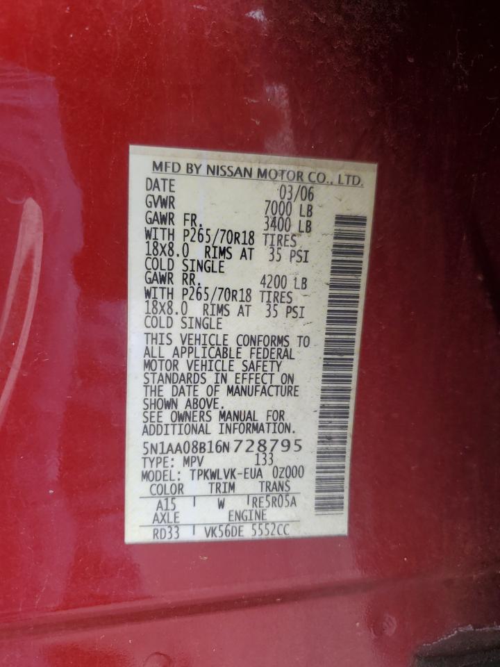 2006 Nissan Armada Se VIN: 5N1AA08B16N728795 Lot: 63568875