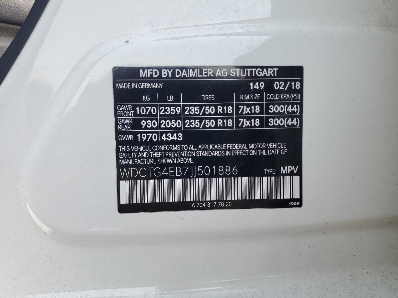wdctg4eb7jj501886 WDCTG4EB7JJ501886 2018 Mercedes-Benz Gla 250
