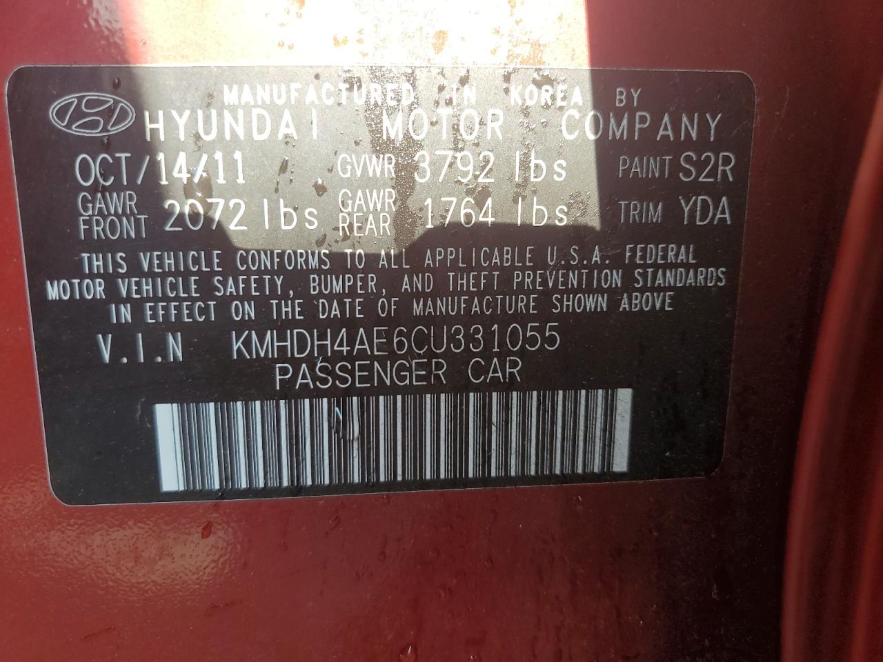 2012 Hyundai Elantra Gls VIN: KMHDH4AE6CU331055 Lot: 65157465