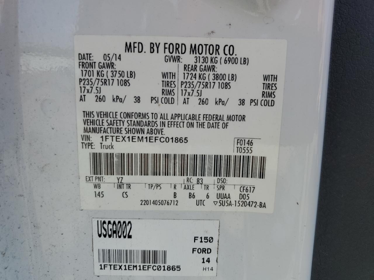 2014 Ford F150 Super Cab VIN: 1FTEX1EM1EFC01865 Lot: 63971955