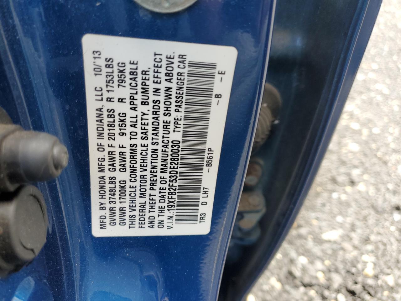 2013 Honda Civic Lx VIN: 19XFB2F53DE280030 Lot: 64771695