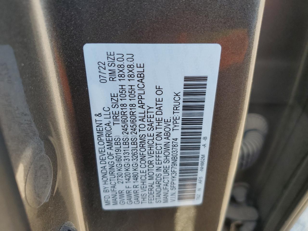 2022 Honda Ridgeline Rtl VIN: 5FPYK3F79NB037874 Lot: 65616285