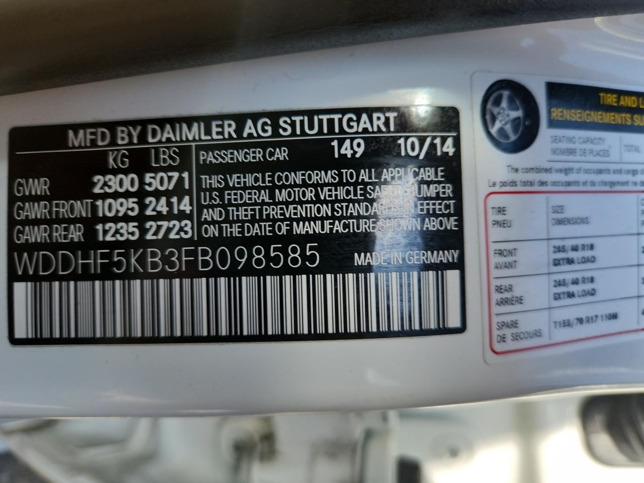 2015 Mercedes-Benz E 350 VIN: WDDHF5KB3FB098585 Lot: 65998495