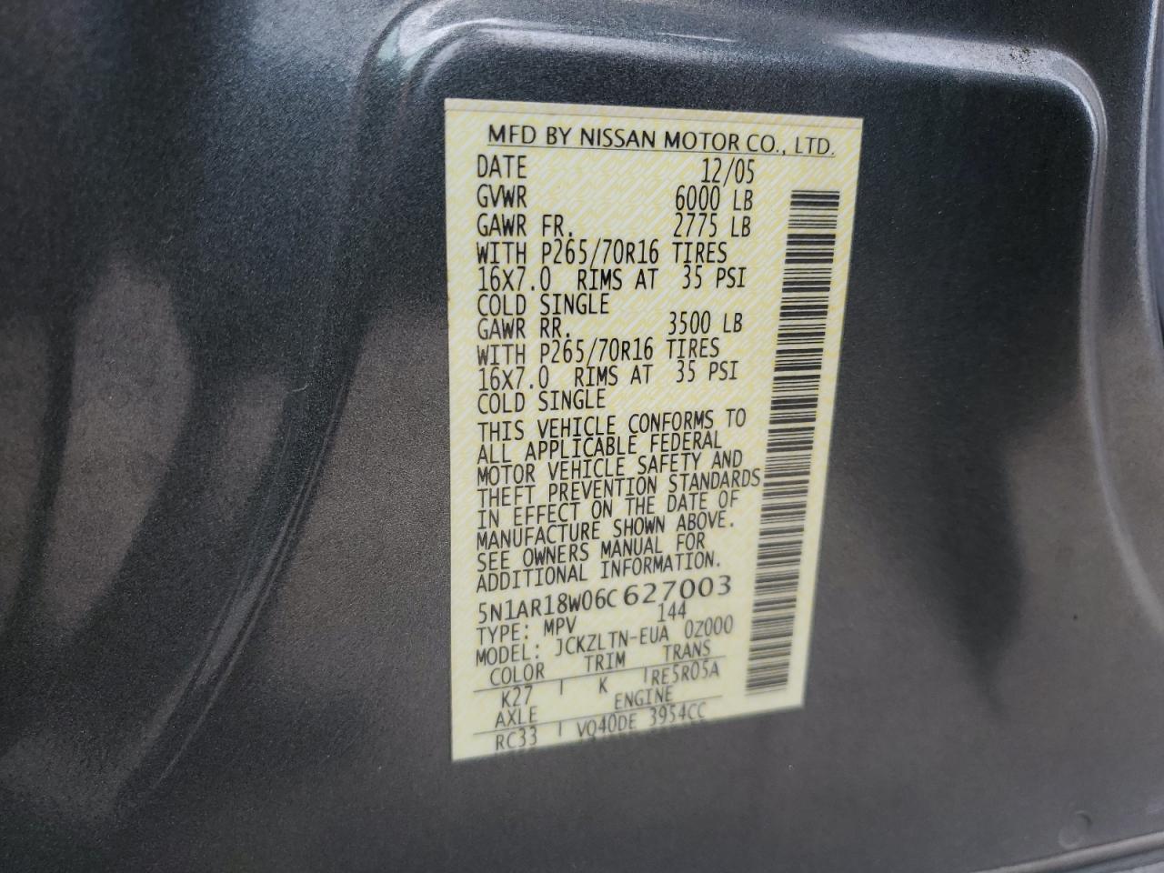 2006 Nissan Pathfinder Le VIN: 5N1AR18W06C627003 Lot: 63291225
