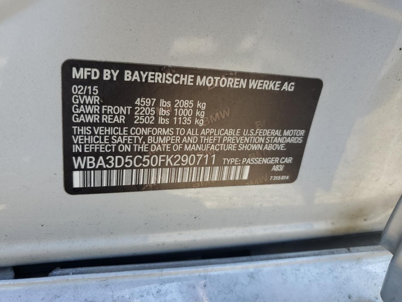 2015 BMW 328 D xDrive VIN: WBA3D5C50FK290711 Lot: 65215485