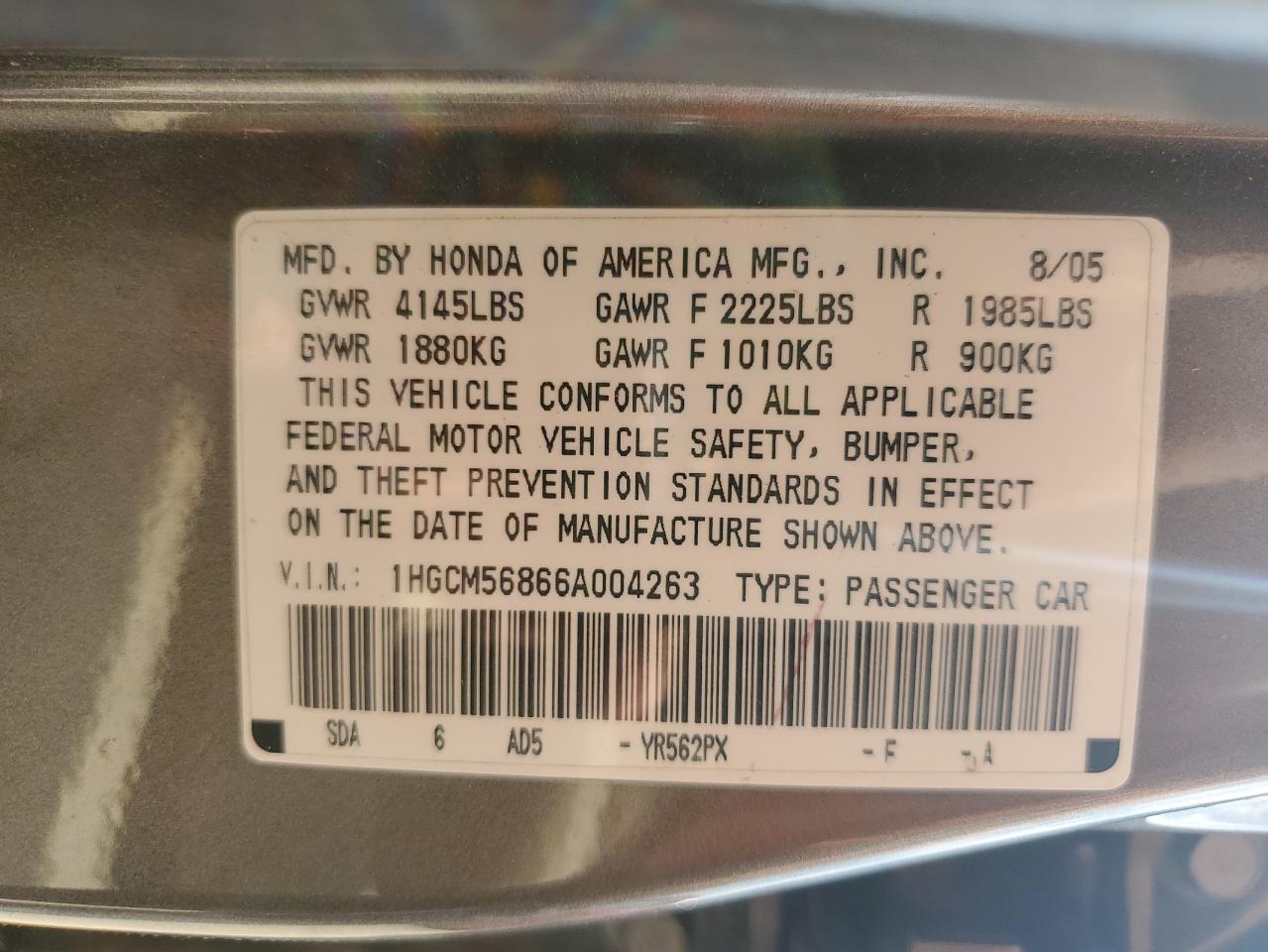 2006 Honda Accord Ex VIN: 1HGCM56866A004263 Lot: 64670895