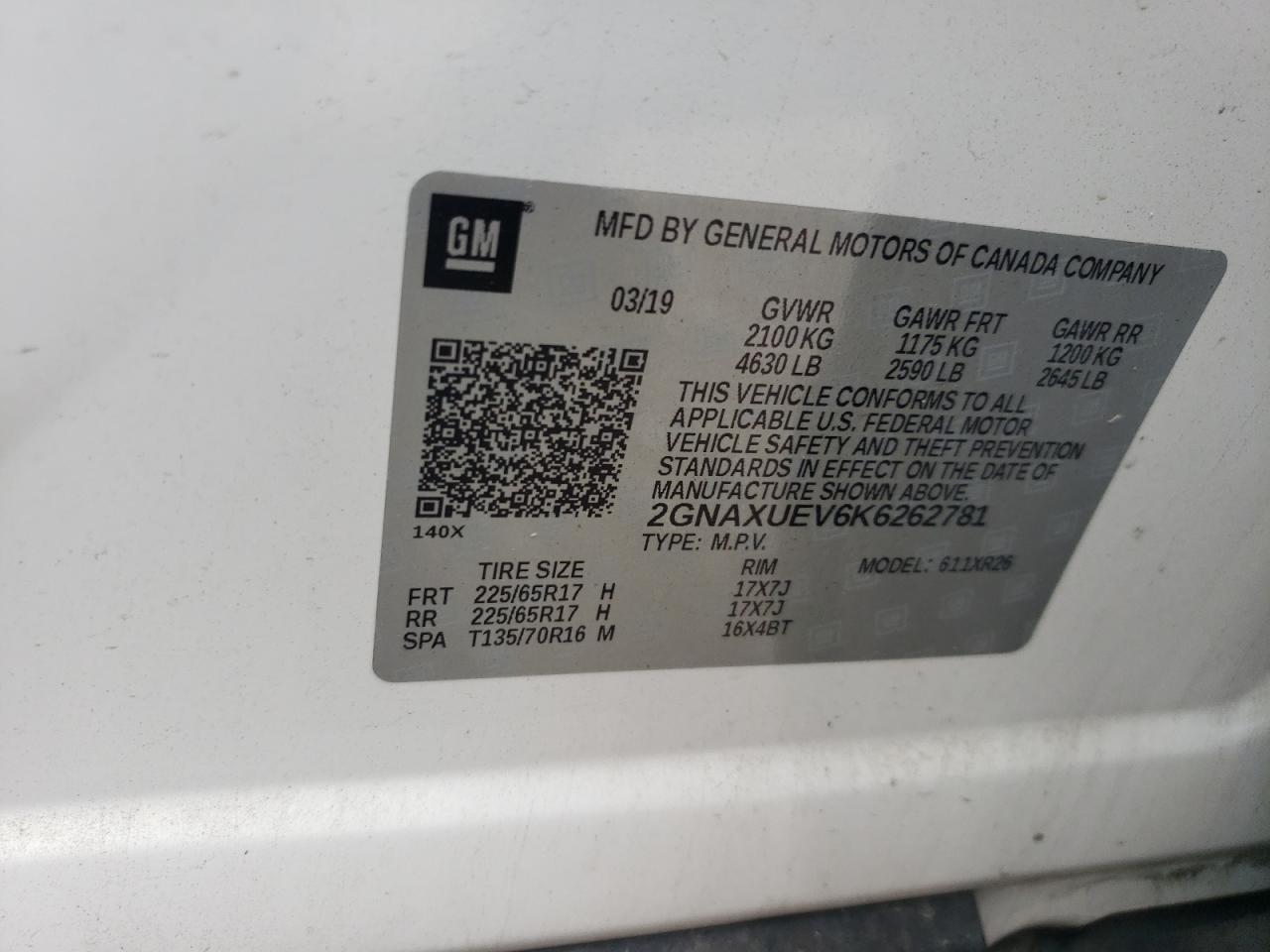 2019 Chevrolet Equinox Lt VIN: 2GNAXUEV6K6262781 Lot: 62922115