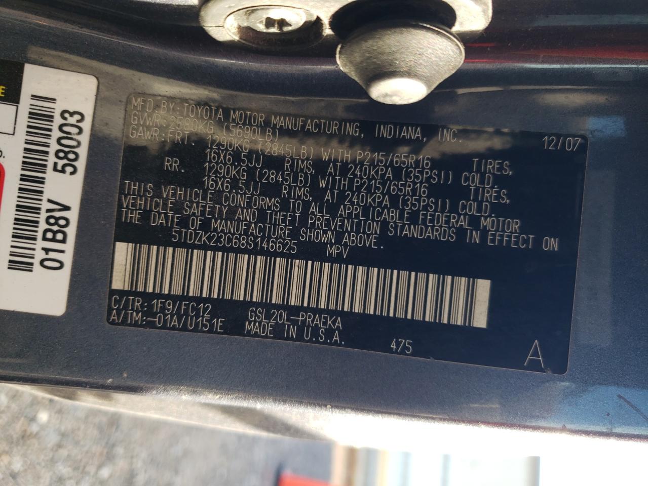 2008 Toyota Sienna Ce VIN: 5TDZK23C68S146625 Lot: 65294955
