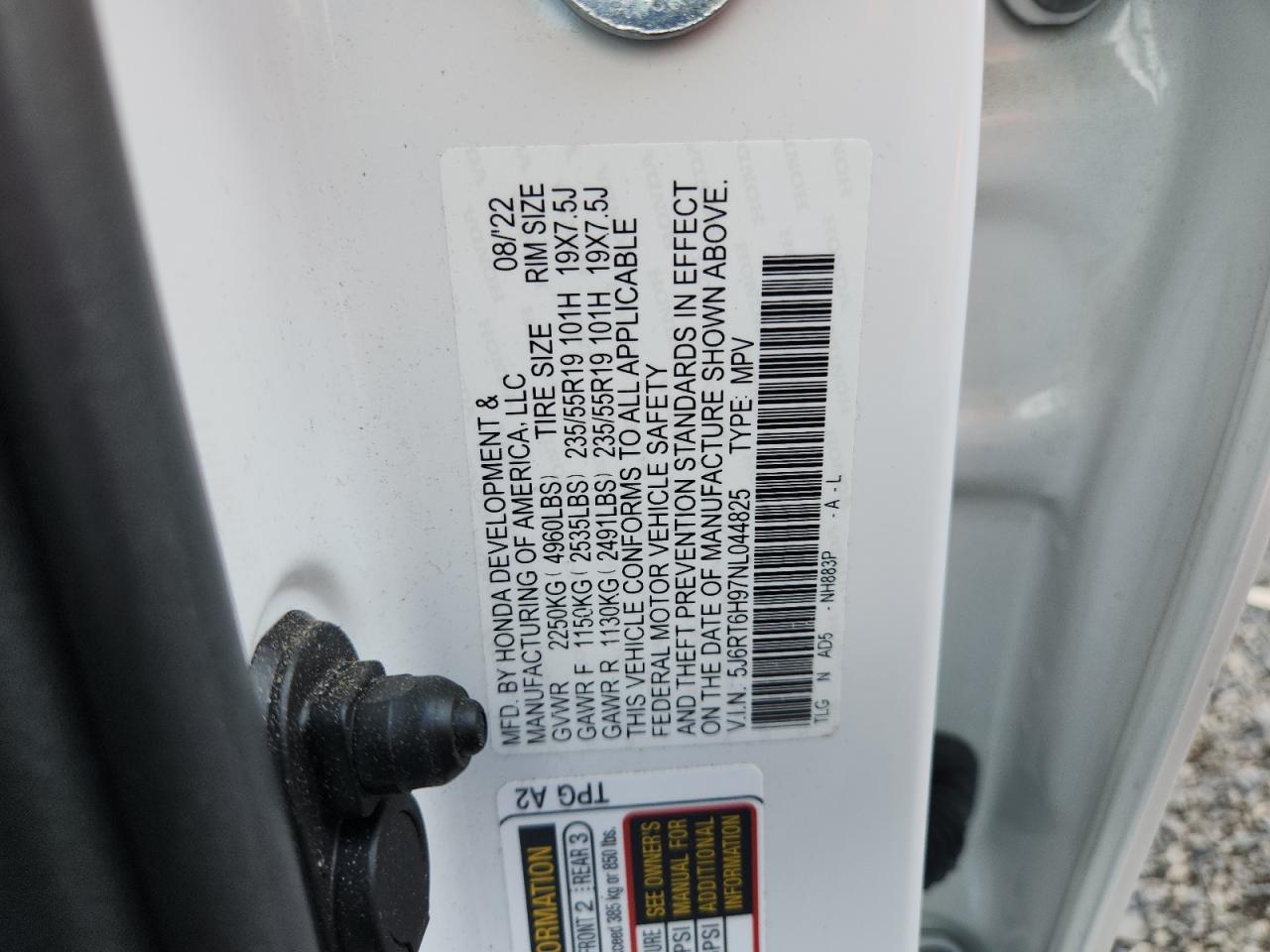 2022 Honda Cr-V Touring VIN: 5J6RT6H97NL044825 Lot: 62566045