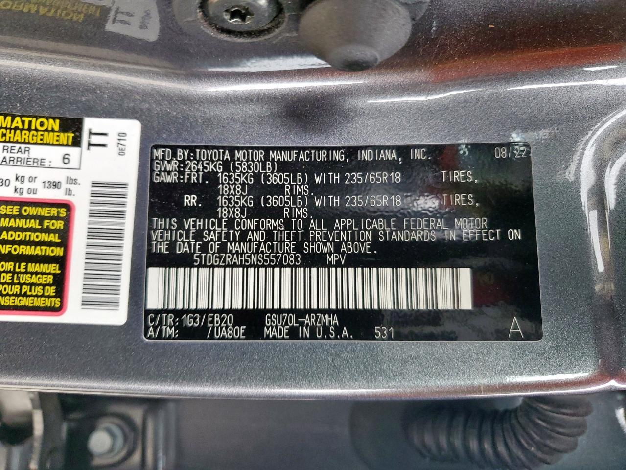 2022 Toyota Highlander Xle VIN: 5TDGZRAH5NS557083 Lot: 63163925