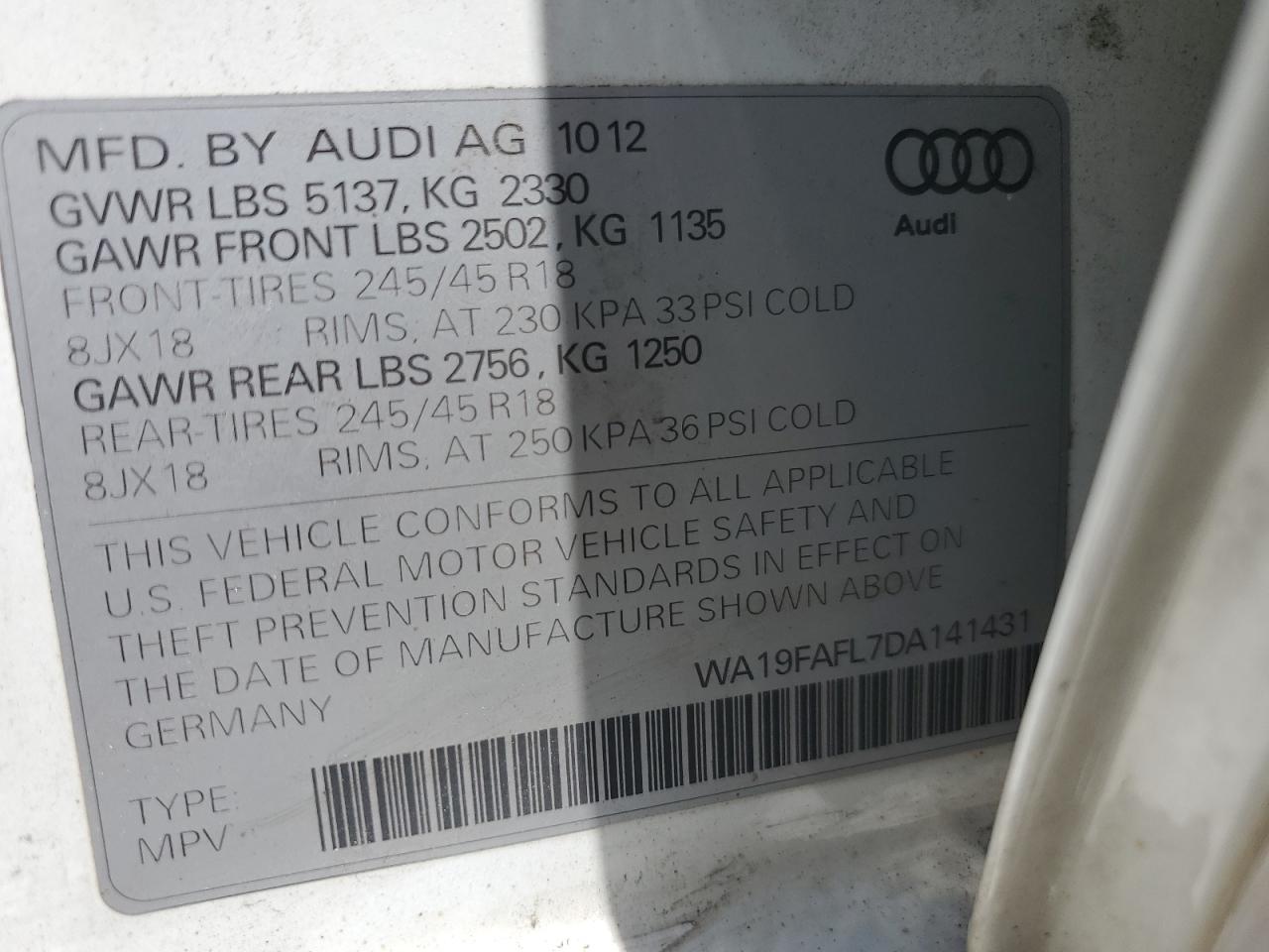 2013 Audi A4 Allroad Premium VIN: WA19FAFL7DA141431 Lot: 63627815