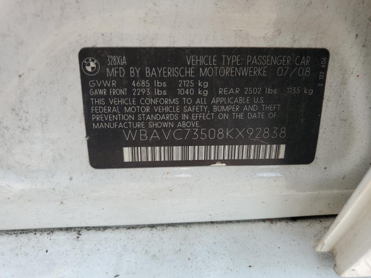 wbavc73508kx92838 WBAVC73508KX92838 2008 BMW 328 Xi Sulev