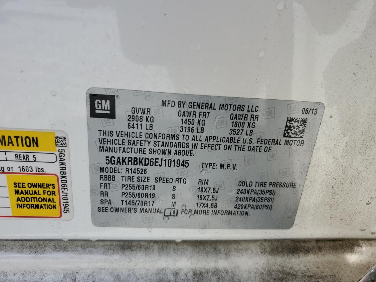 2014 Buick Enclave VIN: 5GAKRBKD6EJ101945 Lot: 64736305