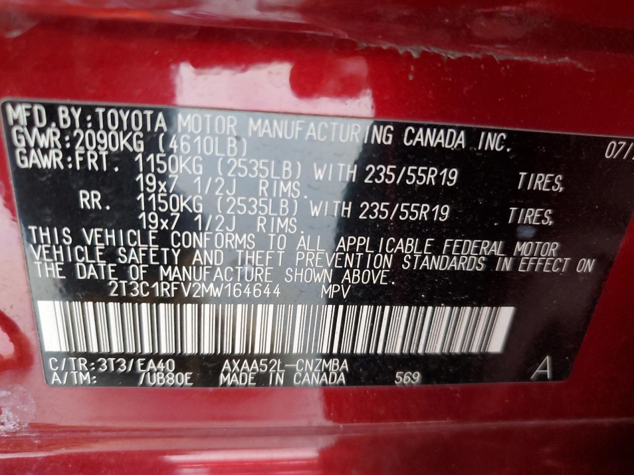 2021 Toyota Rav4 Xle Premium VIN: 2T3C1RFV2MW164644 Lot: 65607935