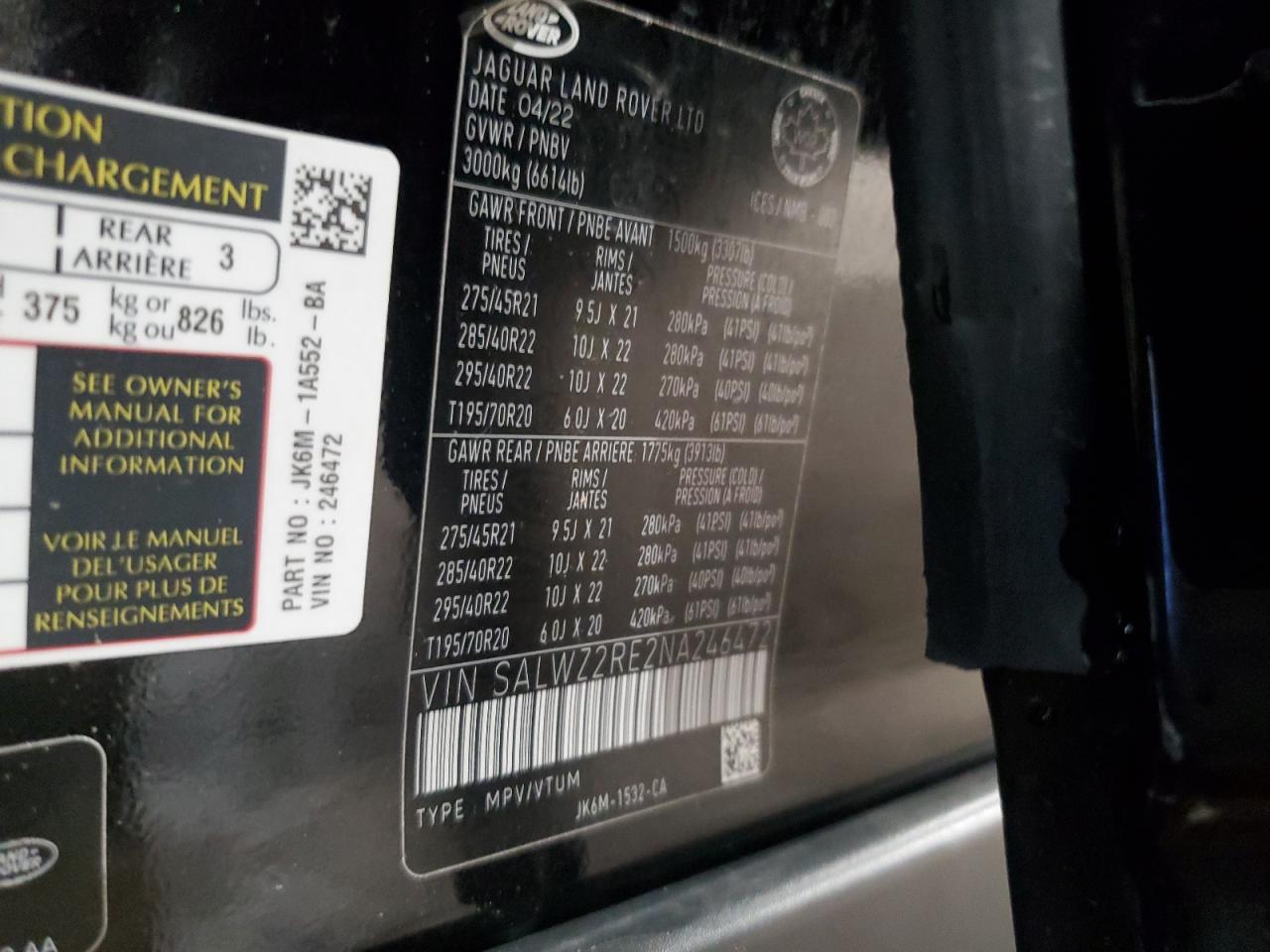 2022 Land Rover Range Rover Sport Svr VIN: SALWZ2RE2NA246472 Lot: 65508785