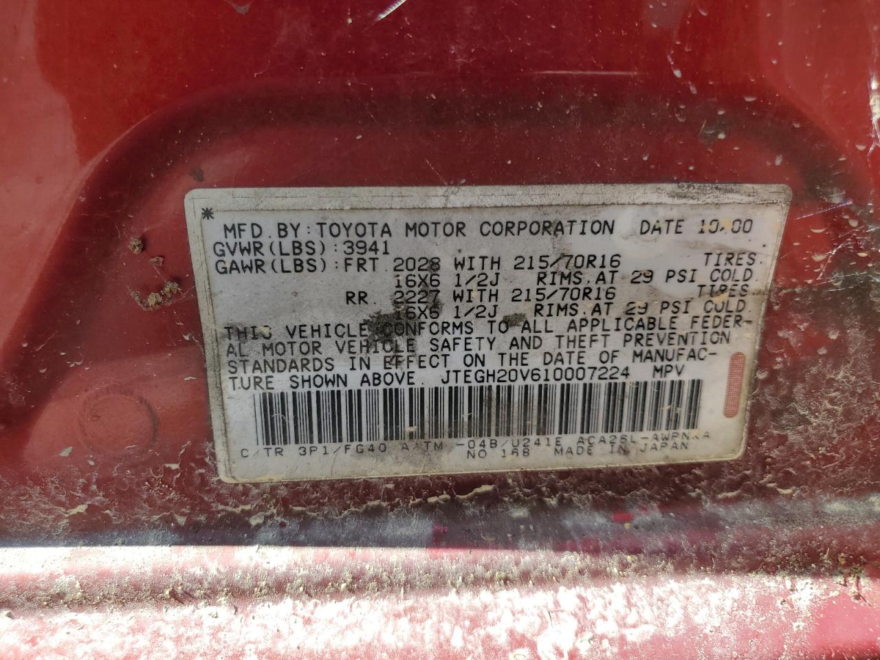 2001 Toyota Rav4 VIN: JTEGH20V610007224 Lot: 65383765