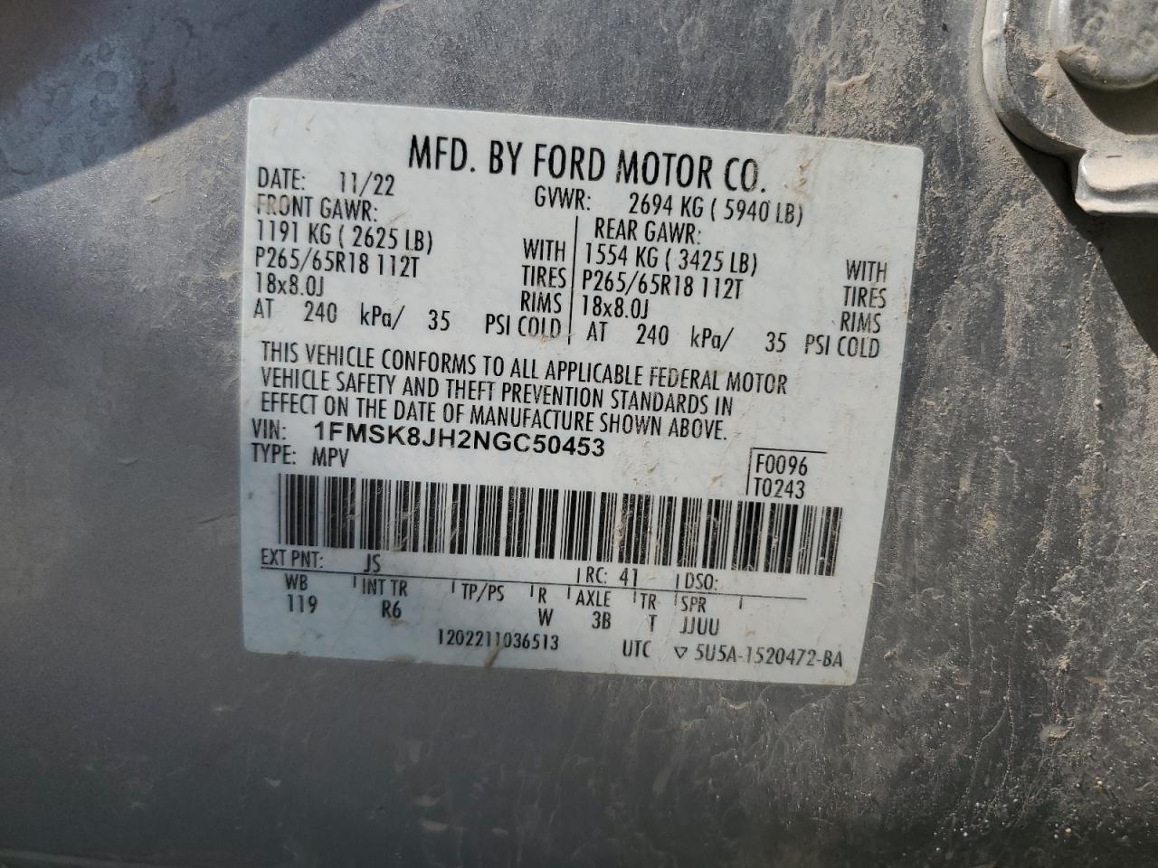 2022 Ford Explorer Timberline VIN: 1FMSK8JH2NGC50453 Lot: 66143735