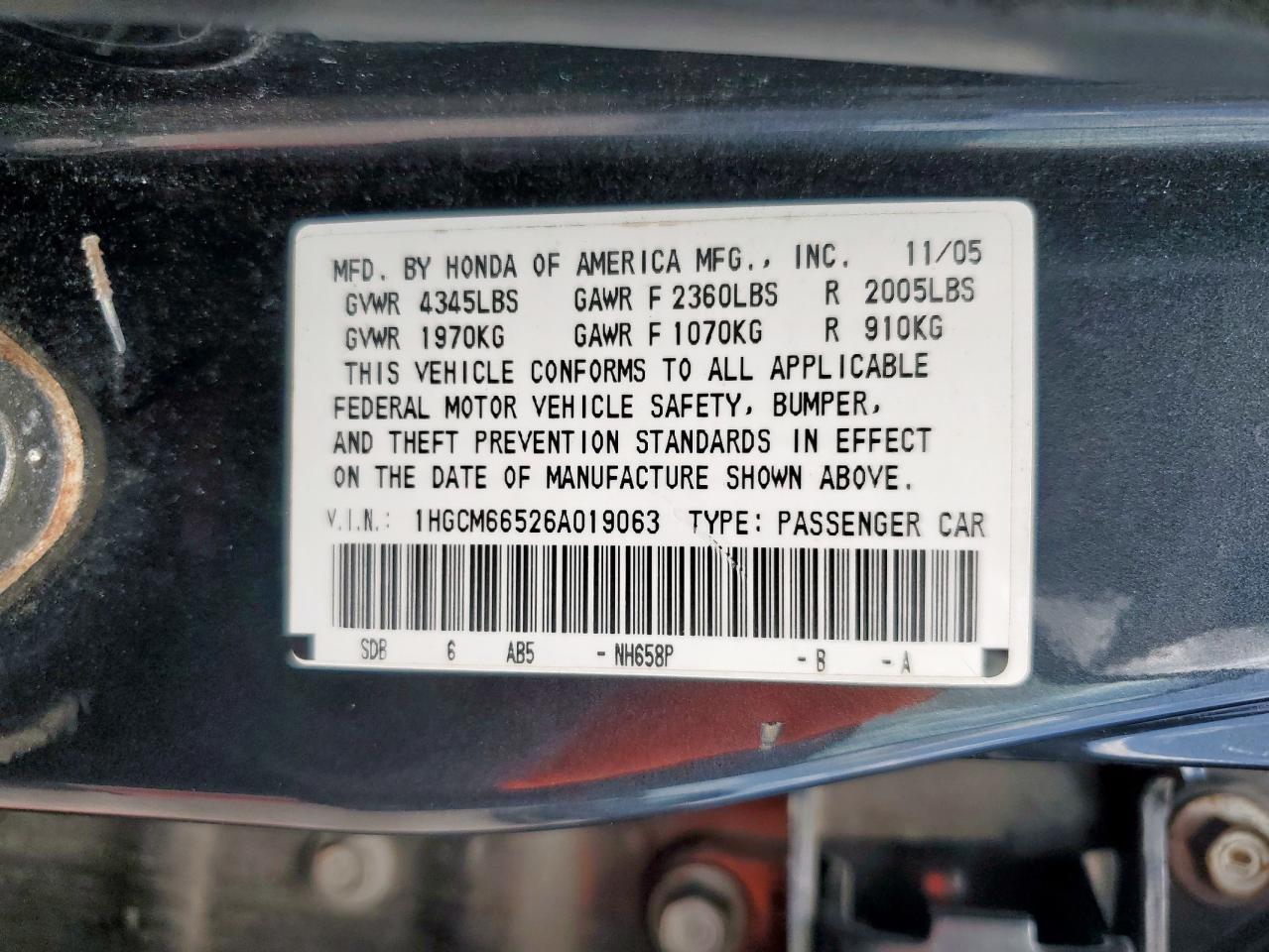 2006 Honda Accord Ex VIN: 1HGCM66526A019063 Lot: 65094225
