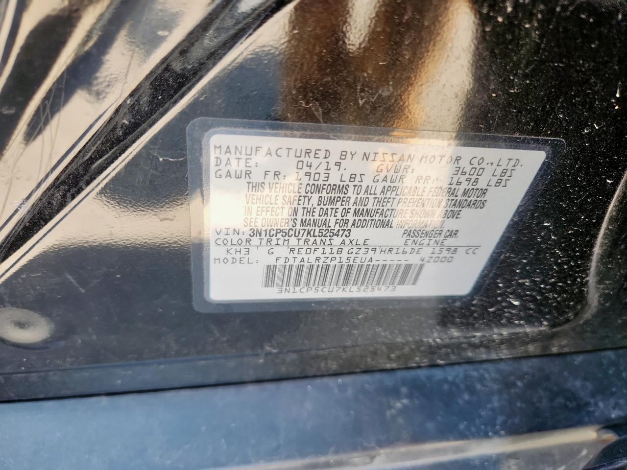 2019 Nissan Kicks S VIN: 3N1CP5CU7KL525473 Lot: 63059005