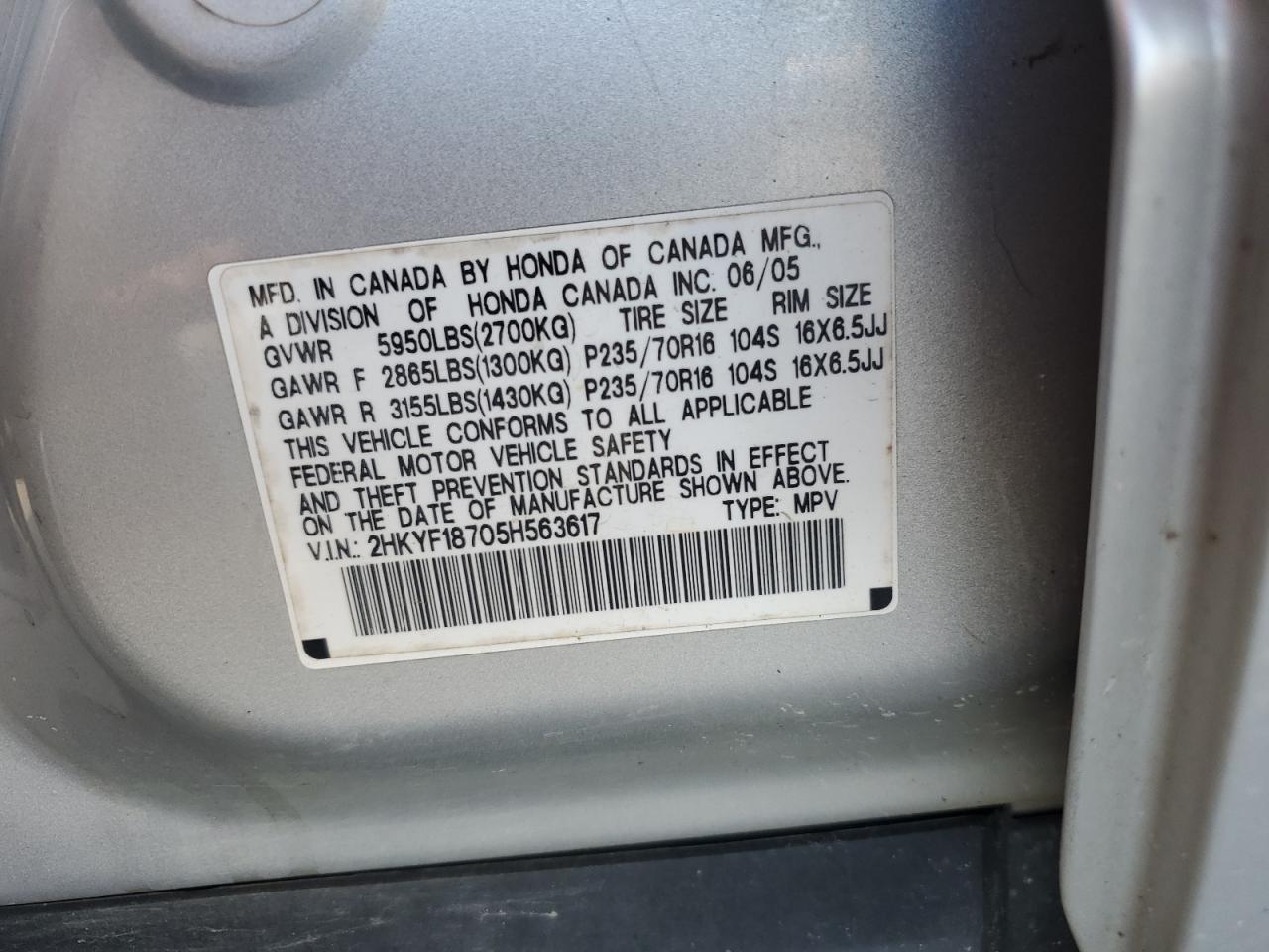 2005 Honda Pilot Exl VIN: 2HKYF18705H563617 Lot: 62160135