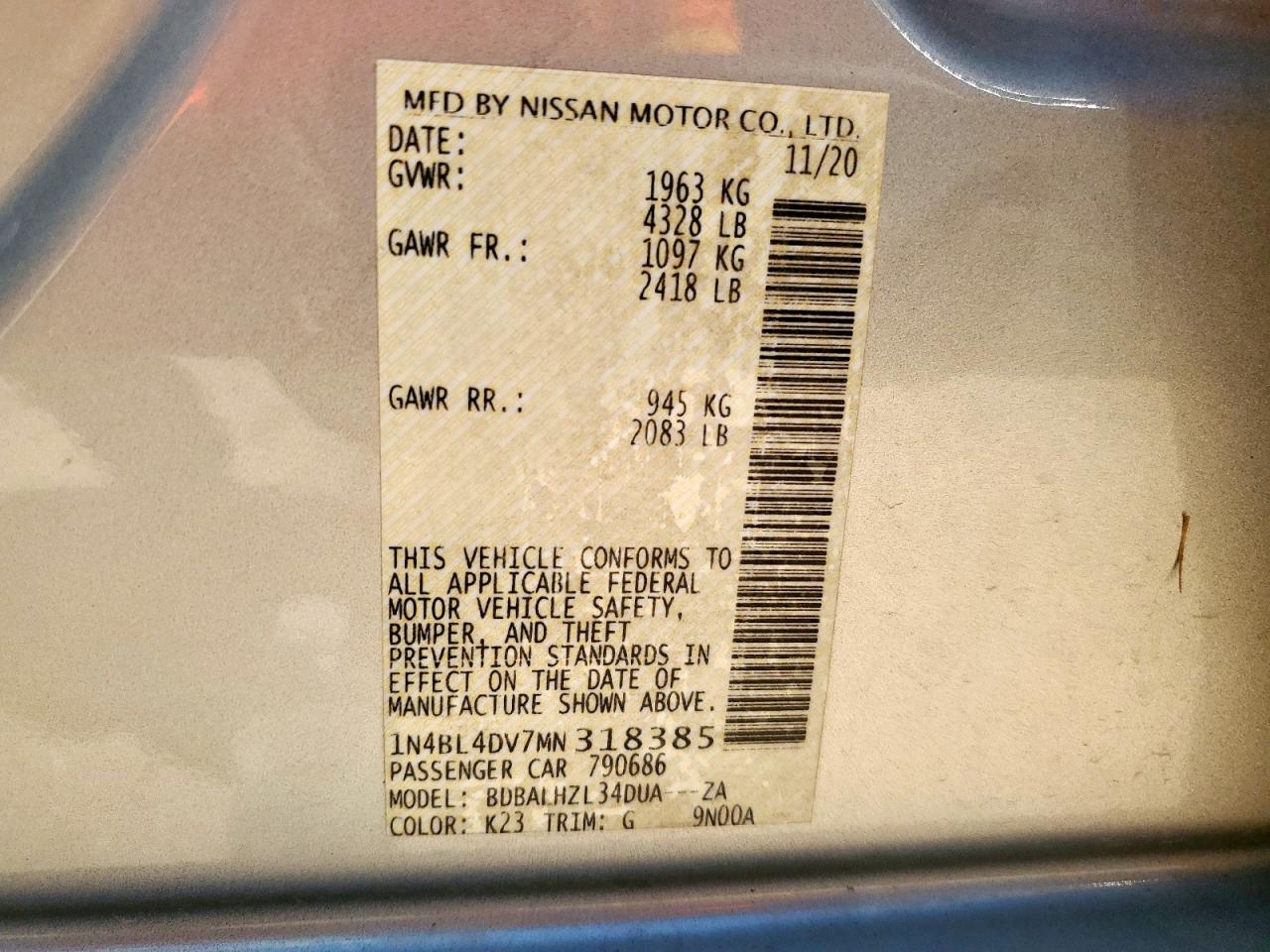 2021 Nissan Altima Sv VIN: 1N4BL4DV7MN318385 Lot: 64676365