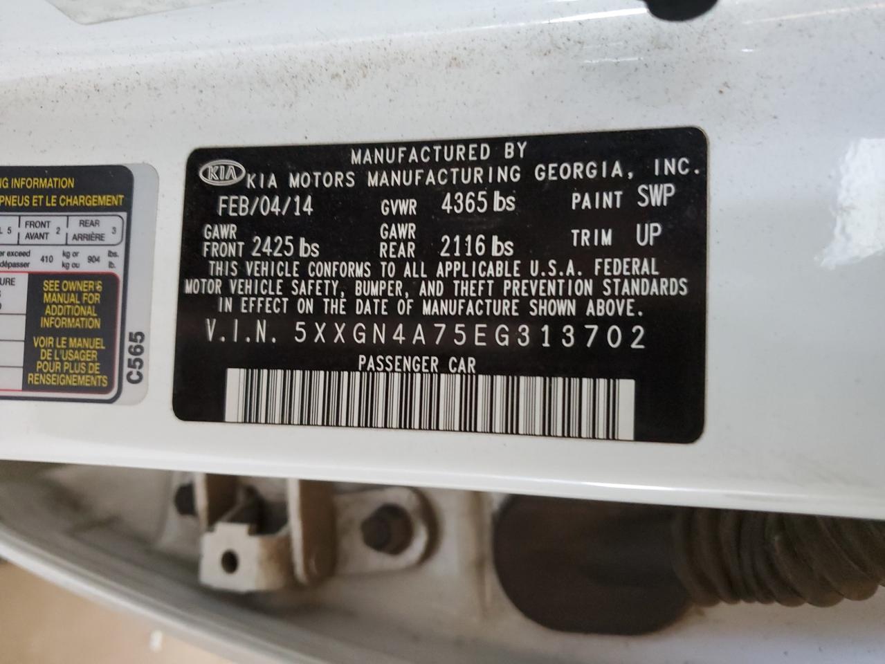 5xxgn4a75eg313702 5XXGN4A75EG313702 2014 Kia Optima Ex