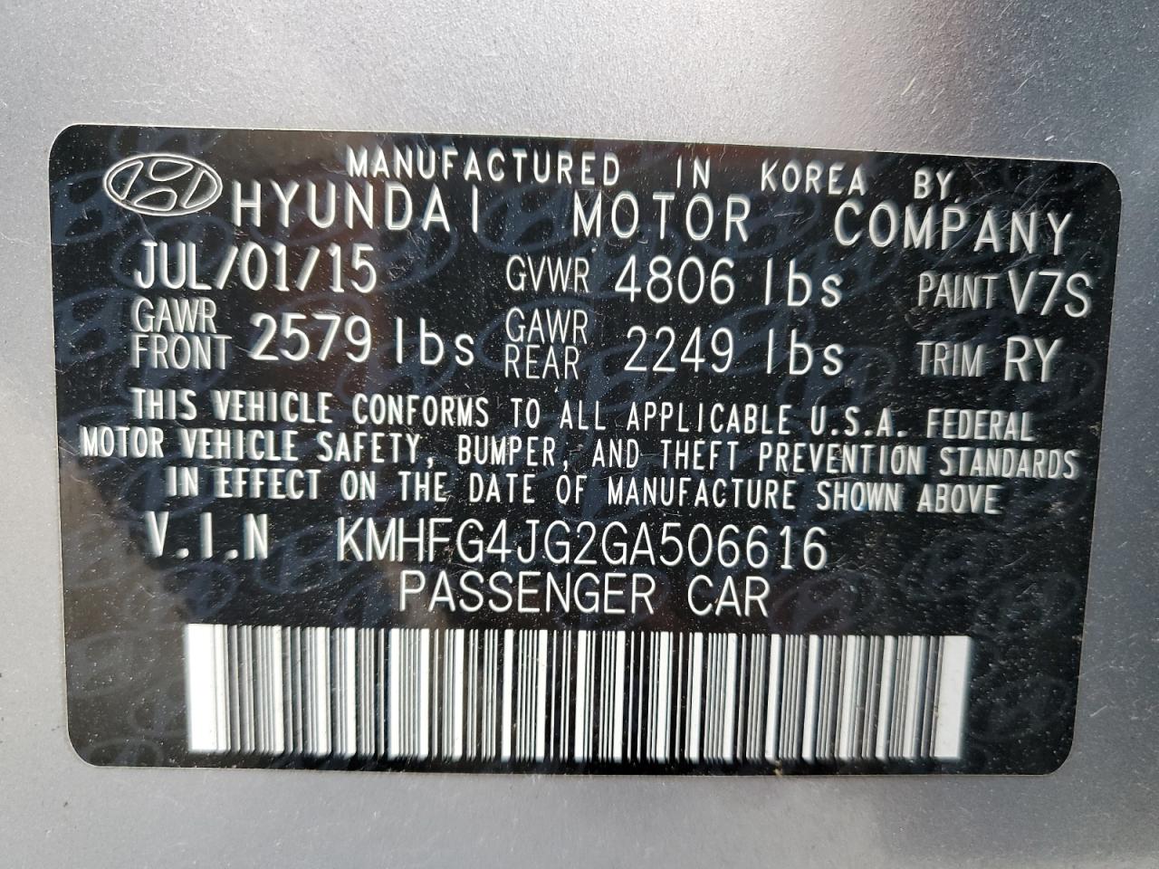 2016 Hyundai Azera VIN: KMHFG4JG2GA506616 Lot: 65019115