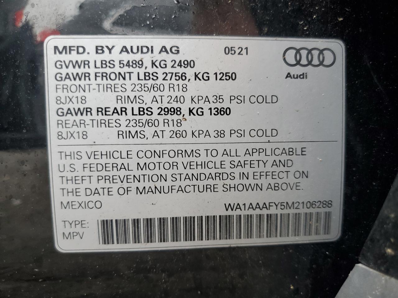 2021 Audi Q5 Premium VIN: WA1AAAFY5M2106288 Lot: 64550655
