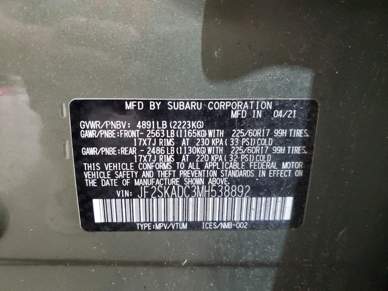 2021 Subaru Forester VIN: JF2SKADC3MH538892 Lot: 63826455