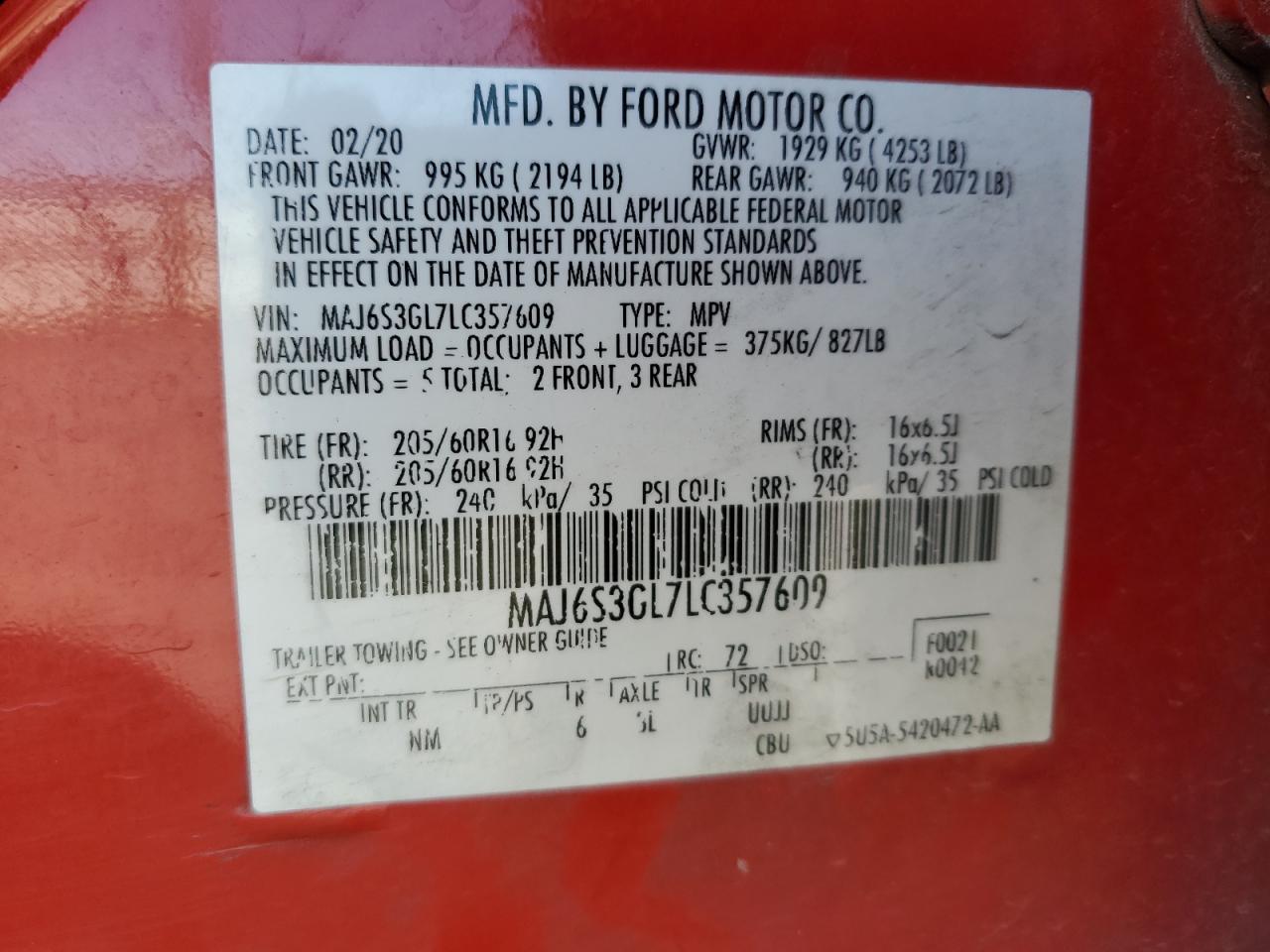 2020 Ford Ecosport Se VIN: MAJ6S3GL7LC357609 Lot: 64619455