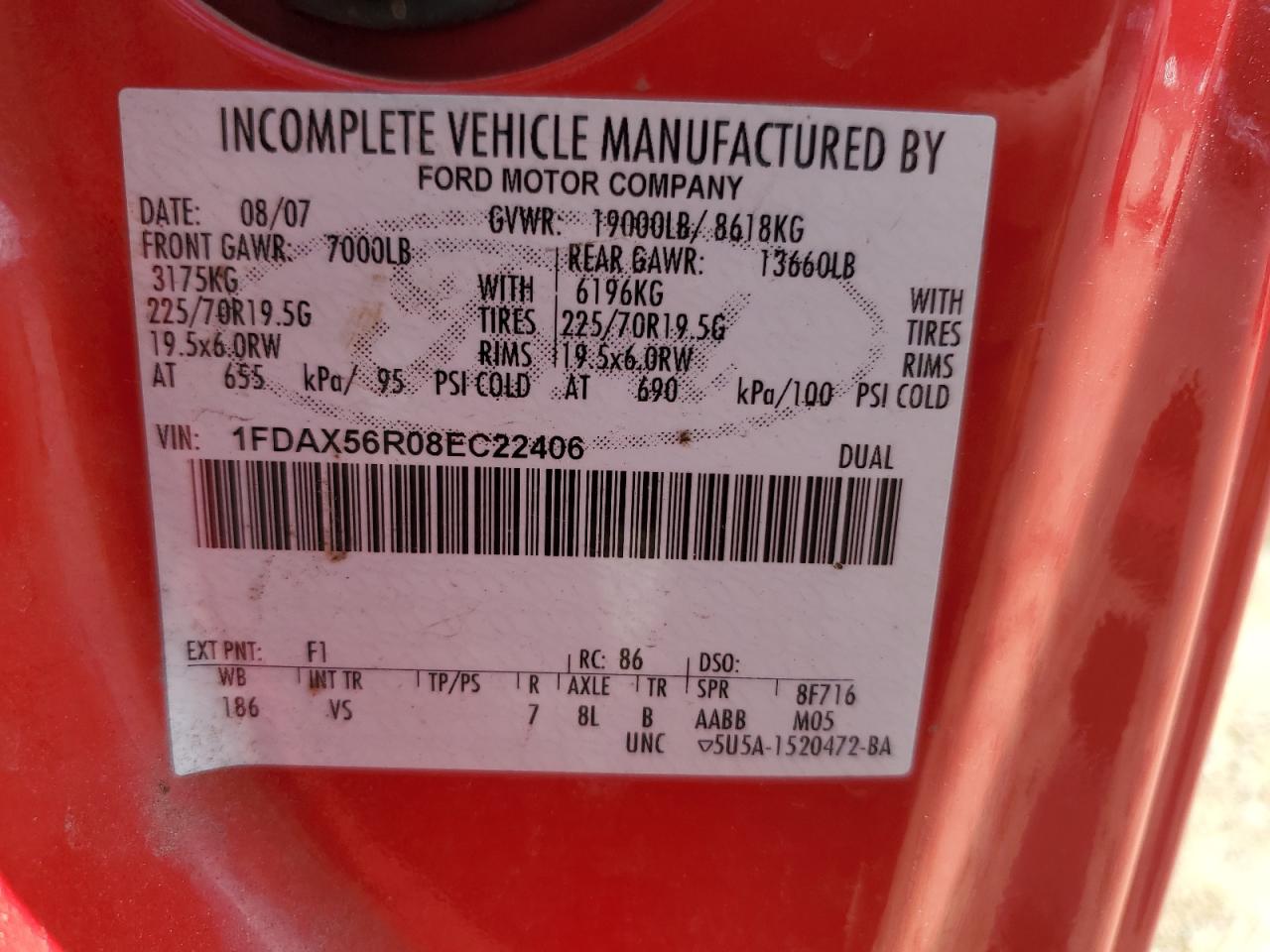 2008 Ford F550 Super Duty VIN: 1FDAX56R08EC22406 Lot: 64417705